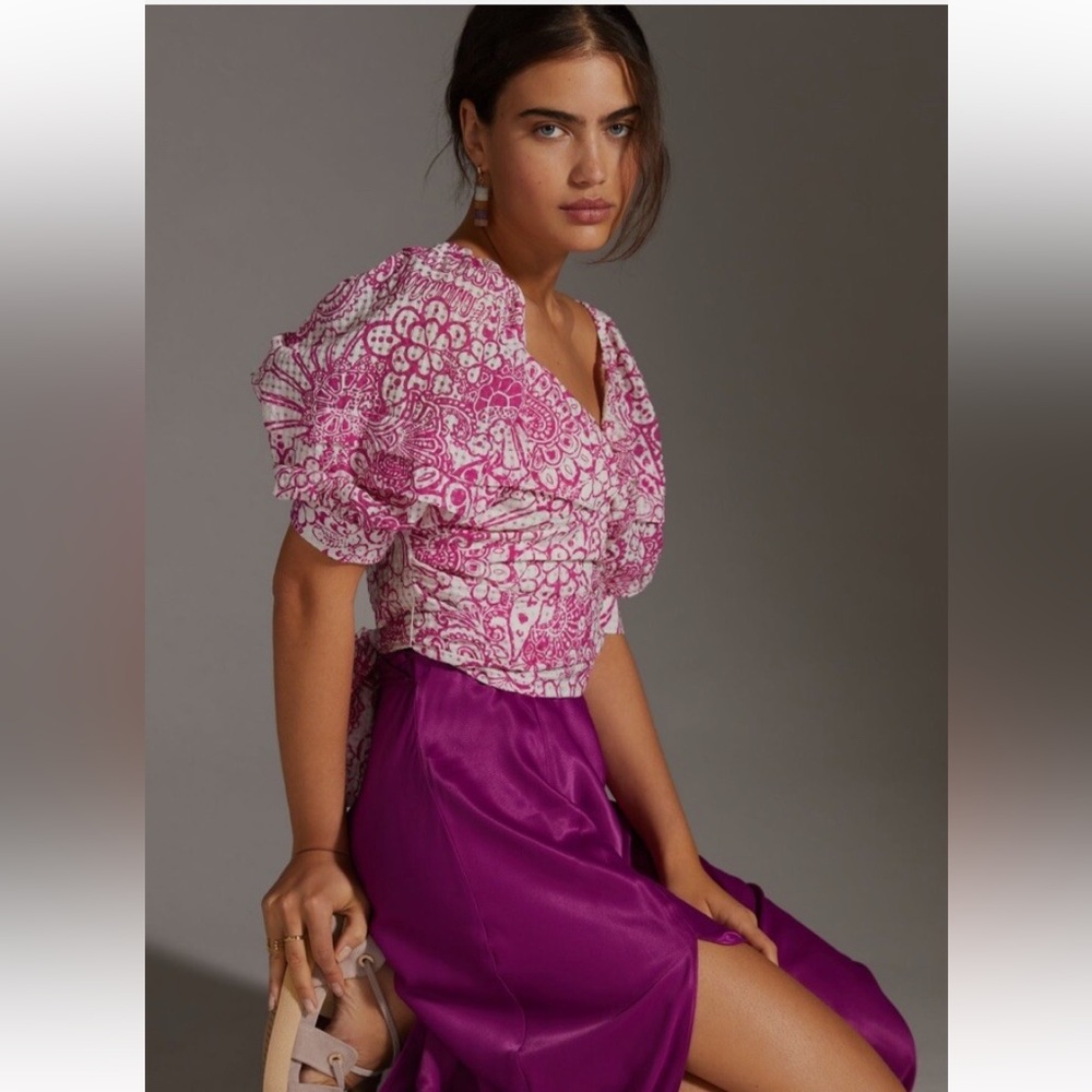 New Anthropologie Maeve Tie Back Printed Crop Top Blouse Puff Sleeves Pink M